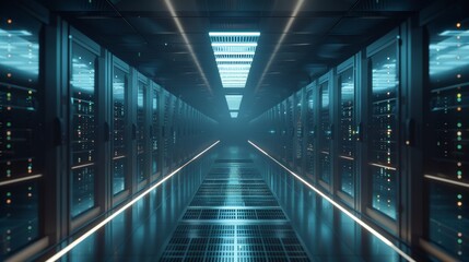 A modern data center corridor featuring LED-lit servers and a transparent overlay of AI analytics, leaving the bottom third blank for content placement