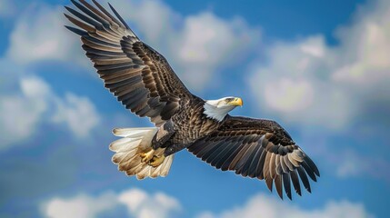 Obraz premium Golden Eagle flying open wings in the open sky independence day concept