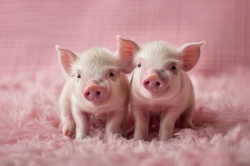 Fototapeta premium Two adorable little pigs sitting on a pink blanket. Great for children's book illustrations