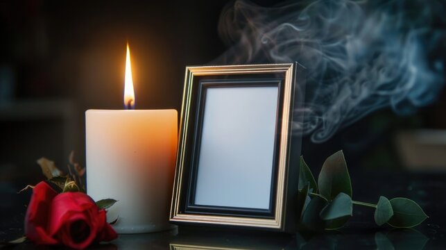 Front view of burning candle with smoke and red rose flower with photos frame mockup dark view