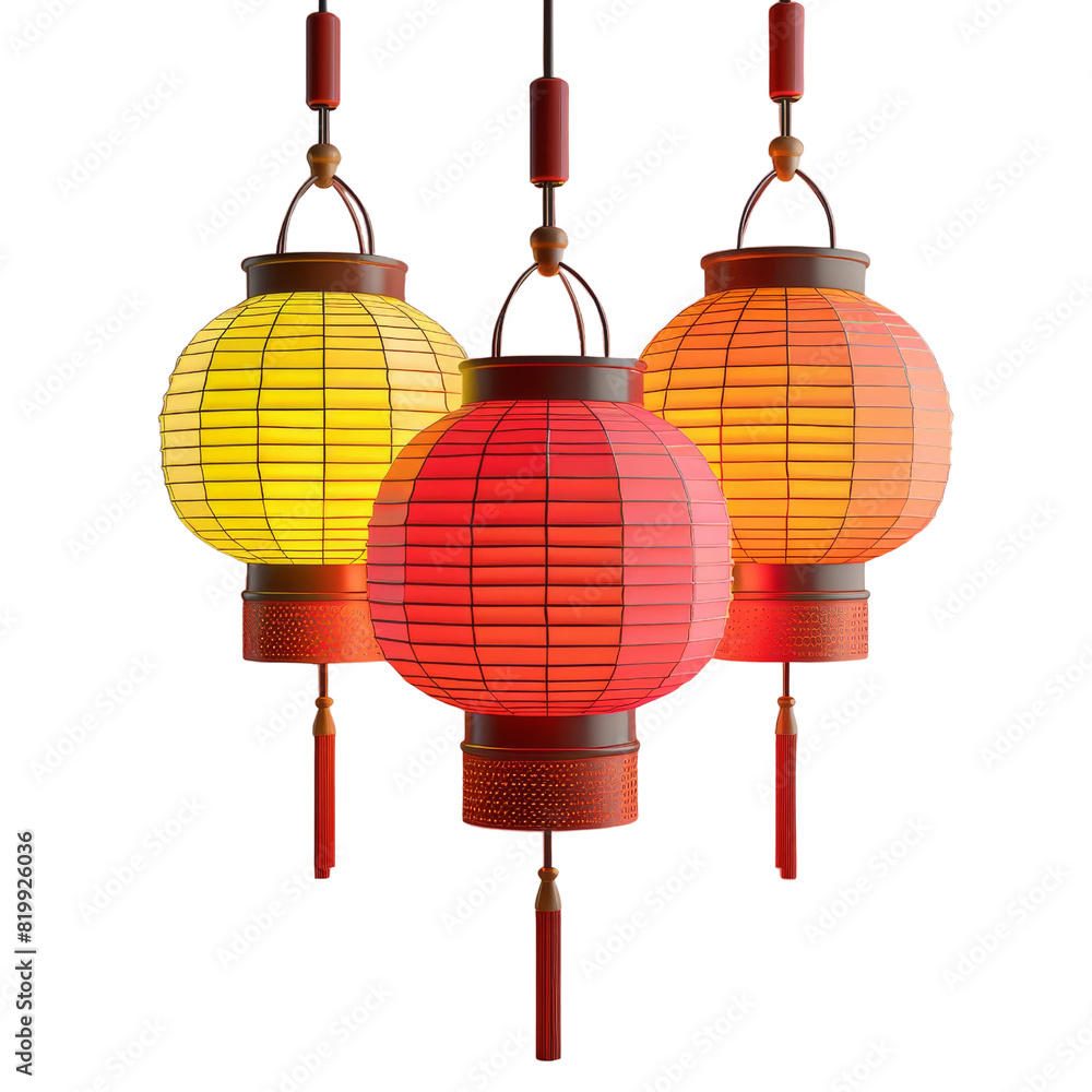 Poster three lanterns hanging from the ceiling in a room with a transparent background
