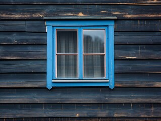 Fototapeta premium A blue window with wooden frames sits in front of a wooden wall