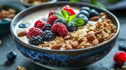 Nutrition-Focused Breakfast Scene: Low-Carb Smoothie Bowl With Fresh Berries and Nuts, Styled for a...
