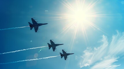 Three military jets flying in formation with contrails against a bright blue sky and sun, representing aviation and precision.