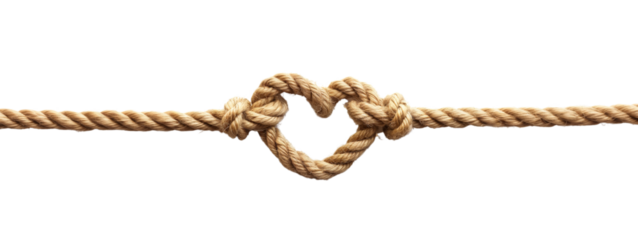 A rope with a heart-shaped knot tied neatly, isolated on a transparent background