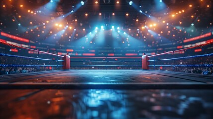 An empty boxing ring illuminated by bright lights with a blurred background of spectators and stadium lights