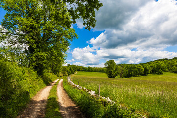 Chemin agricole au milieu d’un paysage bucolique du Couserans, à Tourtouse, en Ariège