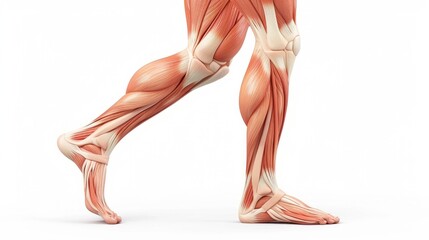 Detailed anatomical illustration of the human leg muscles, highlighting muscle structure and fibers in a walking pose.