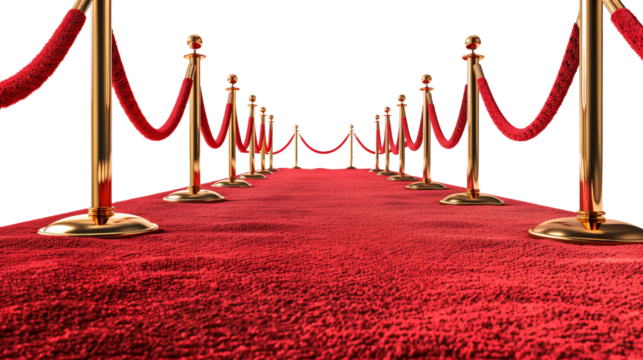 A red carpet lined with gold poles and ropes for a glamorous event or premiere entrance