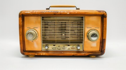 An old radio with a wooden case sits on a white background