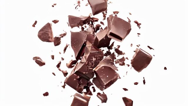 Broken chocolate bar pieces falling on white background