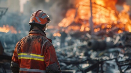 Firefighter in protective gear observing burning building debris, symbolizing bravery and emergency response in fire disaster management.