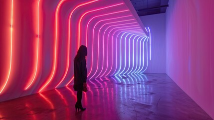 A woman stands in a long hallway with neon lights. The woman is looking at the lights and seems to be in awe of the display