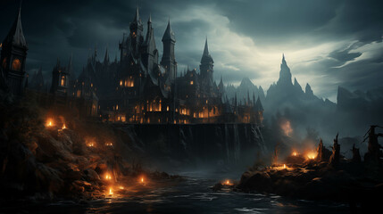 Fototapeta premium The dark castle is located on a cliff by the river. The sky is gloomy and the atmosphere is ominous.