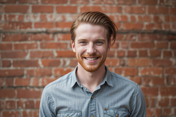 Obraz premium Young Man With Beard Smiling in Front of Brick Wall