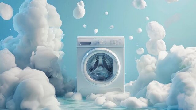 washing machine in large white foam, blue background. Detergents