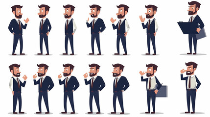 Obraz premium Set of businessman character vector design. Presentation in various action with emotions, running, standing and walking. People working in office planning, thinking and economic analysis