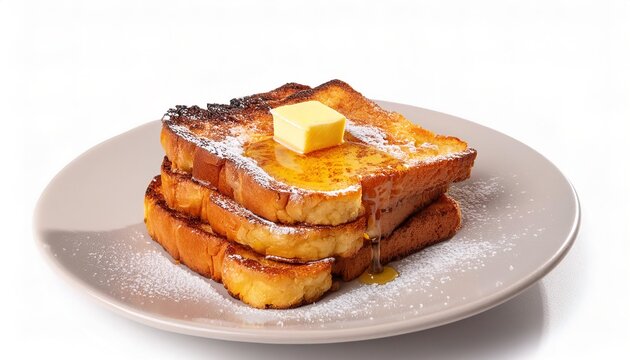 Homemade stack of tasty french toast sliced bread soaked in beaten eggs, fried with crispy crust edge, a pad of butter, powdered sugar and syrup, tasty food on a plate, isolated on white background