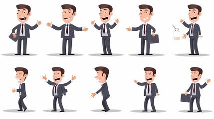 Set of businessman character vector design. Presentation in various action with emotions, running, standing and walking. People working in office planning, thinking and economic analysis