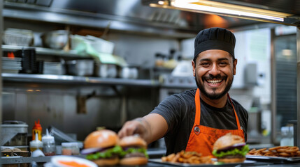 Indian smiling burger chef making smash burger wearing orange apron, black tshirt and black cap hat - Powered by Adobe