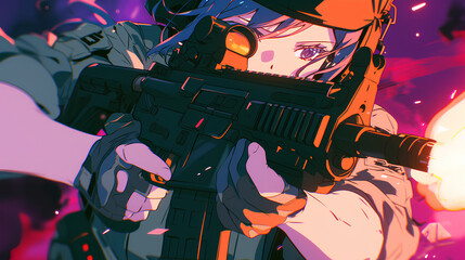 anime military character carrying gun shooting pose