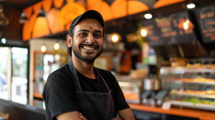 Indian smiling burger chef making smash burger wearing orange apron, black tshirt and black cap hat
