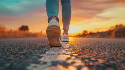 Feet of woman walking and exercise on the road during sunset