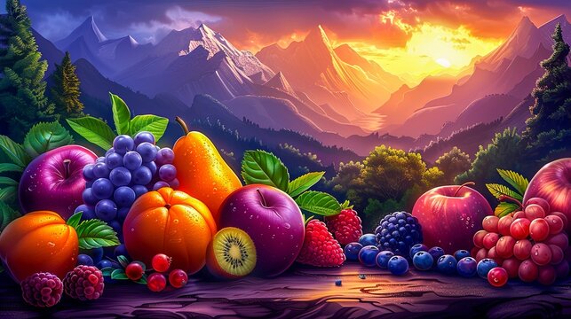 A vibrant assortment of fresh fruits displayed against a breathtaking mountain sunset with colorful, dramatic skies