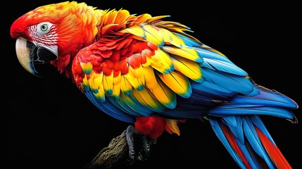 Fototapeta premium Vibrant macaw with striking red, yellow, and blue feathers perched on a branch against a black background in a stunning display of colors.
