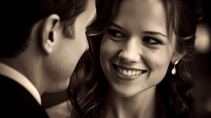 **A close-up of the bride's radiant smile as she looks into the groom's eyes