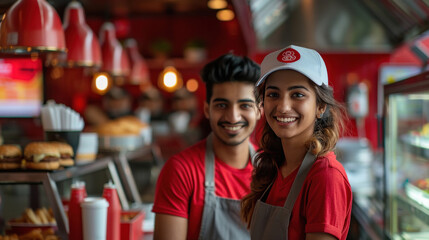 Indian smiling couple staff wearing red tshirt and white cap in red them burger restaurant