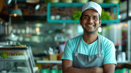 Indian smiling staff waiter or chef standing at restaurant - Powered by Adobe
