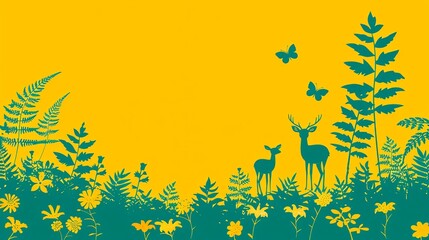Naklejka premium Silhouette of deer and plants on a yellow background with butterflies, flora, and leaves creating a serene nature scene.