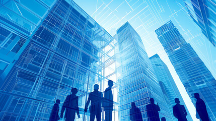 Blueprinting for commercial real estate development  with construction workers' silhouette