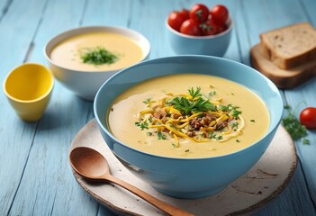 Creamy Mustard Soup with Toppings on Light Blue Table