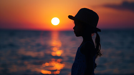 Young girl's silhouette wearing a hat standing near seaside beach