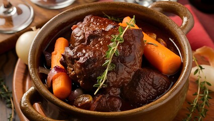 A mouthwatering and vibrant food photography of Boeuf Bourguignon.