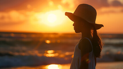 Young girl's silhouette wearing a hat standing near seaside beach