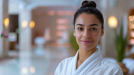 Indian spa staff wearing white spa uniform, white and light pink blur spa in background.