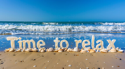 Time to relax spelled out on the sandy beach.travel concept. Summer time vacation