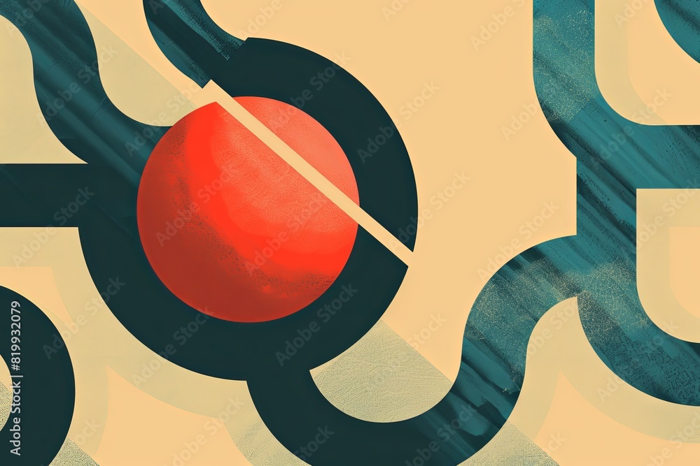 Aufkleber an abstract painting showcasing a prominent red ball surrounded by intricate black circles, creating