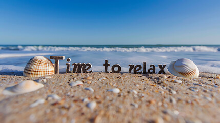 Time to relax spelled out on the sandy beach.travel concept. Summer time vacation