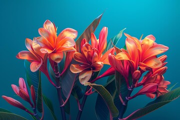 Obraz premium Design a tropical flower arrangement for vibrant posters side view robotic tone Tetradic color scheme, high definition