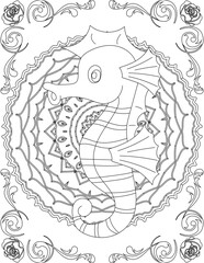 Seahorse on Mandala Coloring Page. Printable Coloring Worksheet for Adults and Kids. Educational Resources for School and Preschool. Mandala Coloring for Adults
