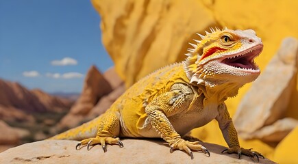 Fototapeta premium Central bearded dragon sitting on yellow rock with open mouth and clean yellow background 