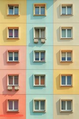 A row of colorful apartment buildings with windows of different colors