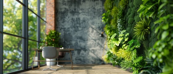 Green living wall with perennial plants in modern office. Urban gardening landscaping interior design. Fresh green vertical plant wall inside office