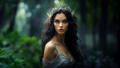 Black haired elf. most pretty elf maiden in the woods. Princess elven woman elf portrait. Fantasy...