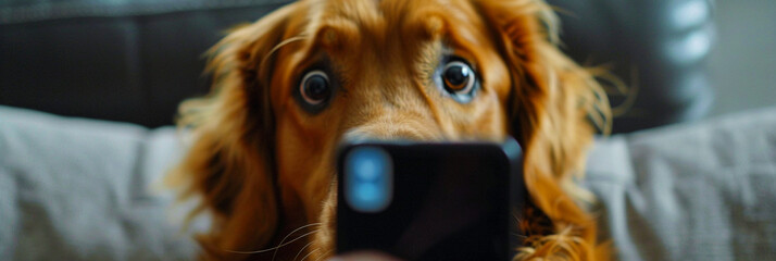 Image of a dog making a surprised face at a cell phone screen..