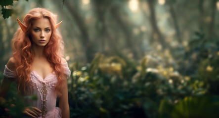 Red haired elf. most pretty elf maiden in the woods. Princess elven woman elf portrait. Fantasy lush bokeh forest background.